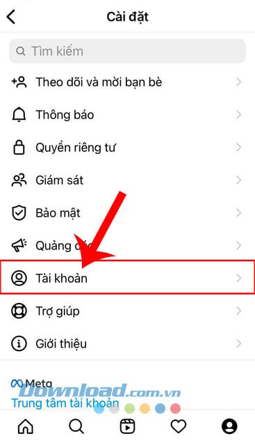 Chạm vào mục Tài khoản