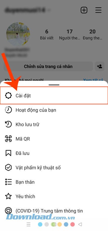 Chạm vào mục Cài đặt