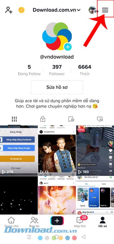 Chạm vào biểu tượng ba dấu gạch ngang