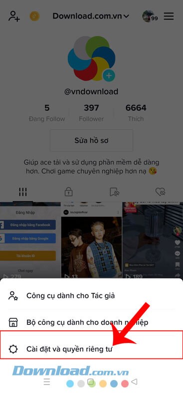 Nhấn vào mục Cài đặt quyền riêng tư