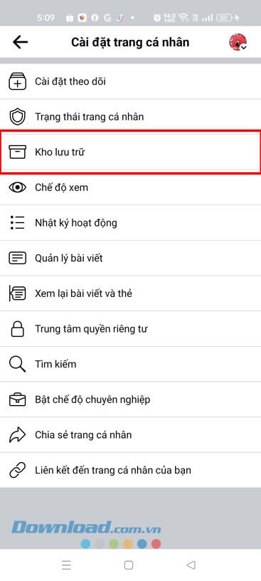Ấn vào mục Kho lưu trữ