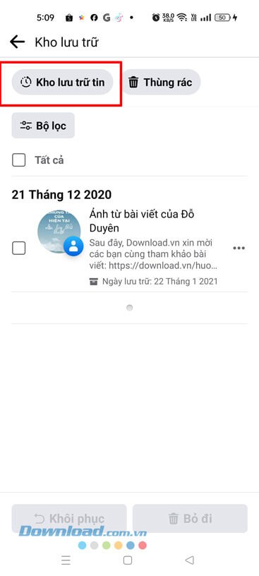 Nhấn vào mục Kho lưu trữ tin