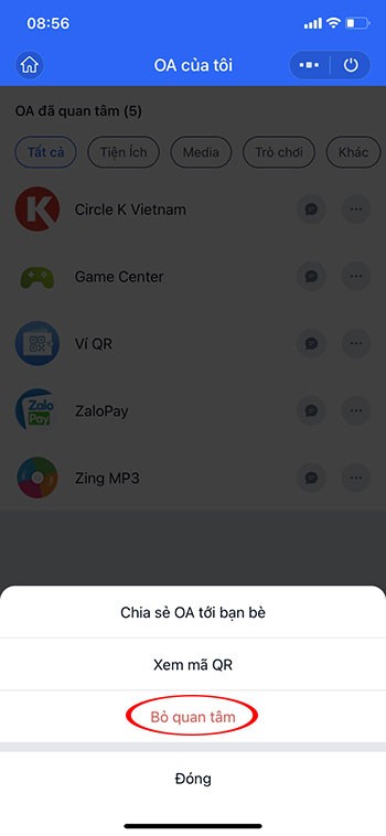 Quan tâm Official Account trên Zalo