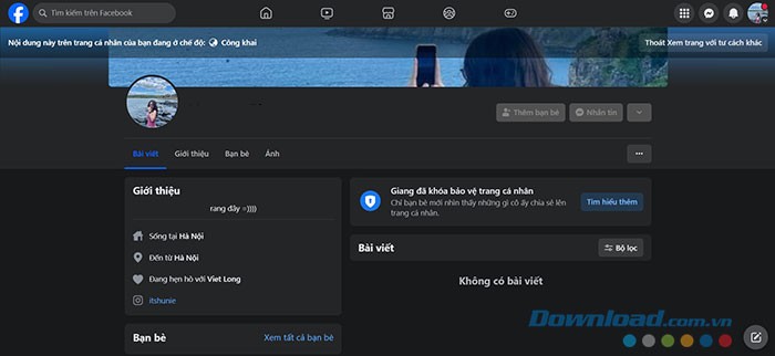 Trang cá nhân Facebook sau khi đã bật khóa bảo vệ.