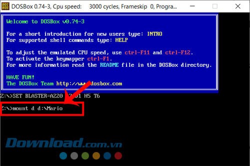 Nhập lệnh “mount d d:\Mario”