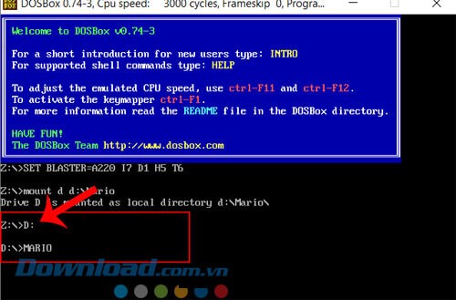 Gõ lệnh “D:” > Ấn nút Enter > Nhập thêm lệnh “MARIO” > Bấm vào nút Enter