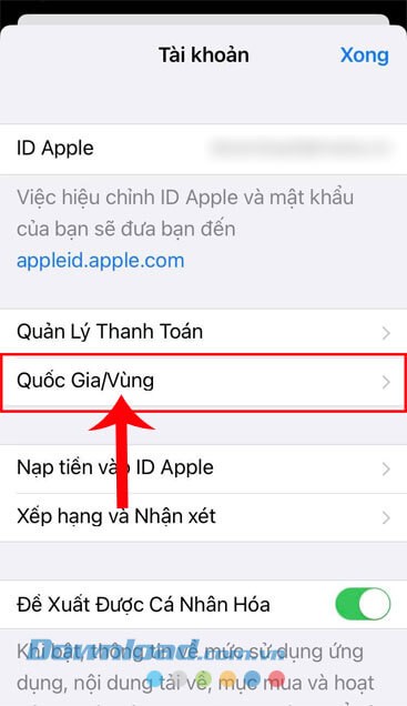 Ấn vào mục Quốc gia/Vùng