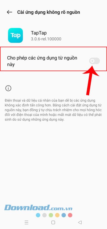 Bật công tắc tại mục Cho phép các ứng dụng từ nguồn này