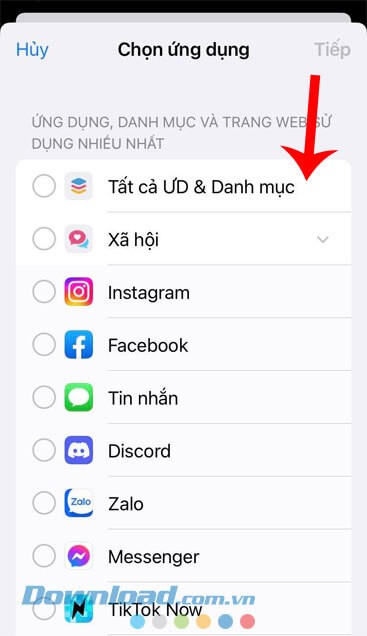 Lựa chọn một ứng dụng bất kỳ