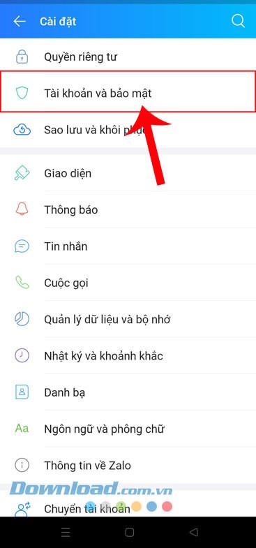 Nhấn vào mục Tài khoản và Bảo mật