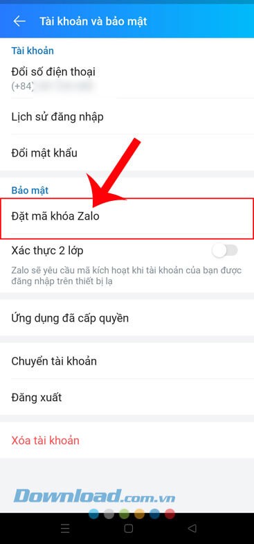 Chạm vào mục Đặt mã khóa Zalo