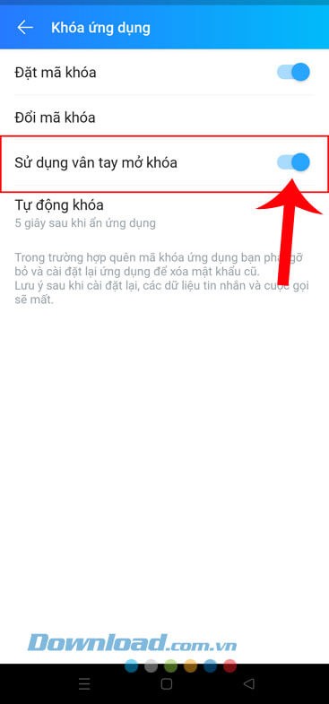 Bật công tắc tại mục Sử dụng vân tay mở khóa
