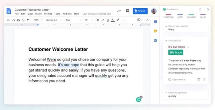 Giao diện Grammarly kiểm tra ngữ pháp cho văn bản trong Google Docs