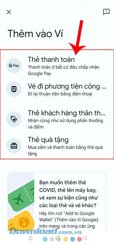 Chọn loại thẻ muốn thêm vào Google Wallet