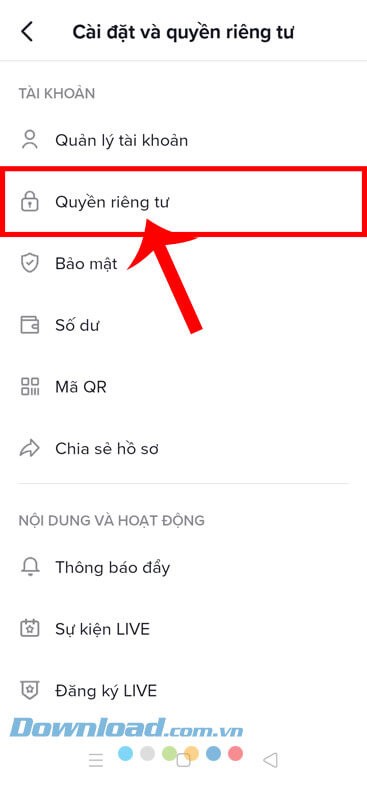 Chạm vào mục Quyền riêng tư