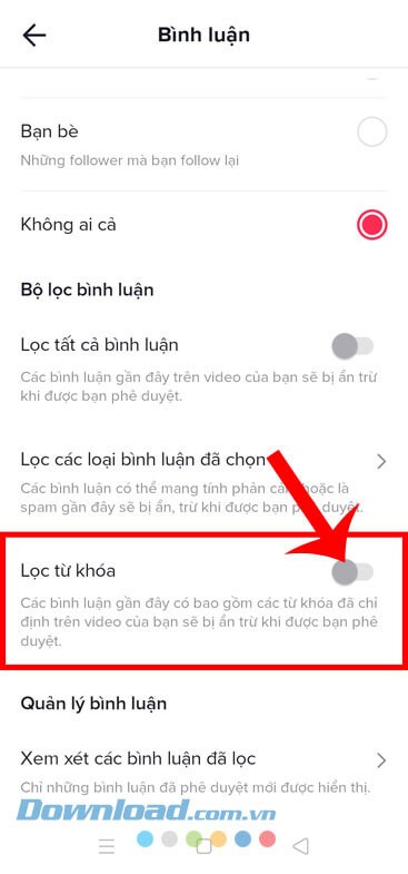 Bật công tắc tại mục Lọc từ khóa