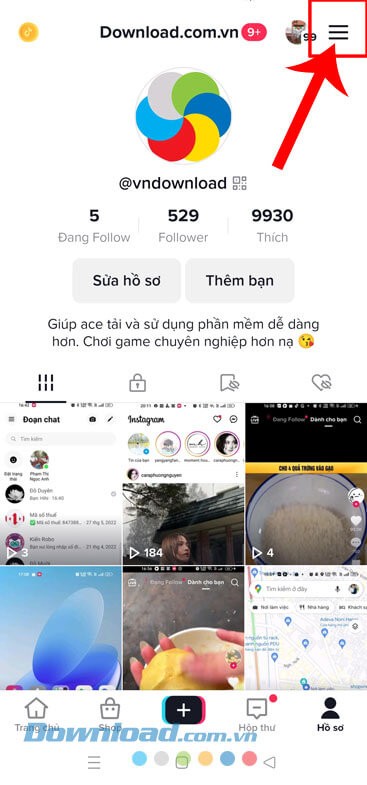 Chạm vào biểu tượng ba dấu gạch ngang