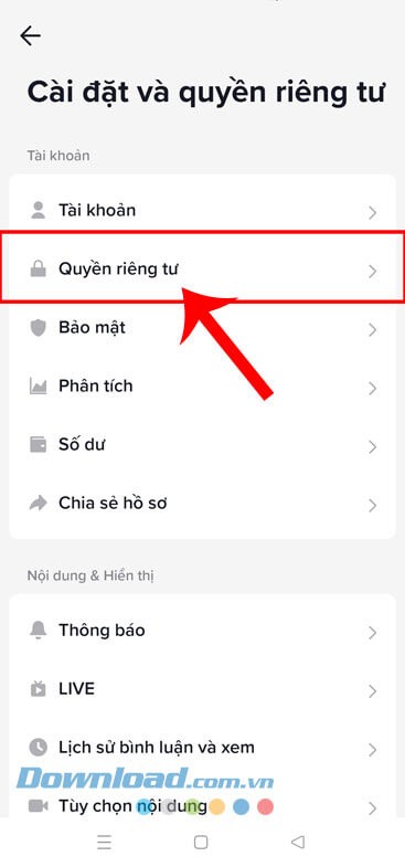 Ấn vào mục Quyền riêng tư