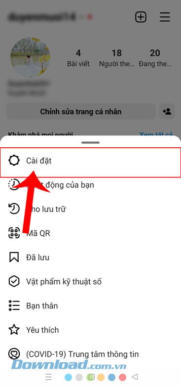 Chạm vào mục Cài đặt