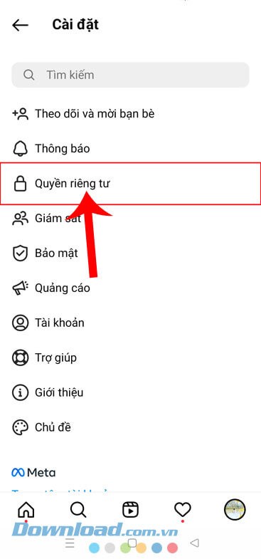 Nhấn vào mục Quyền riêng tư