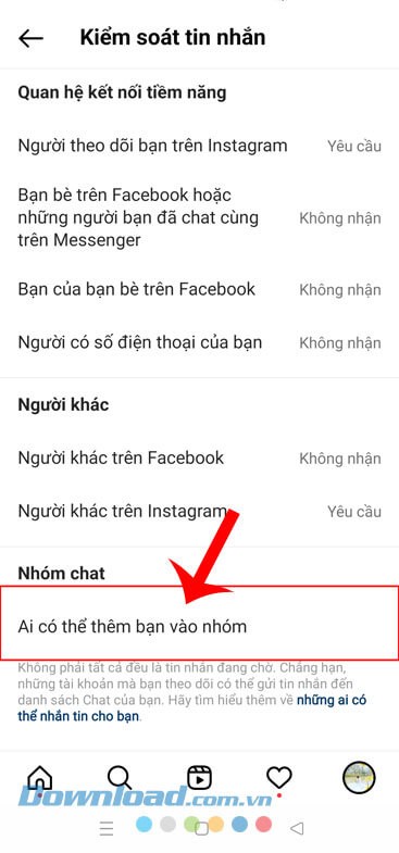 Chạm vào mục Ai có thể thêm bạn vào nhóm