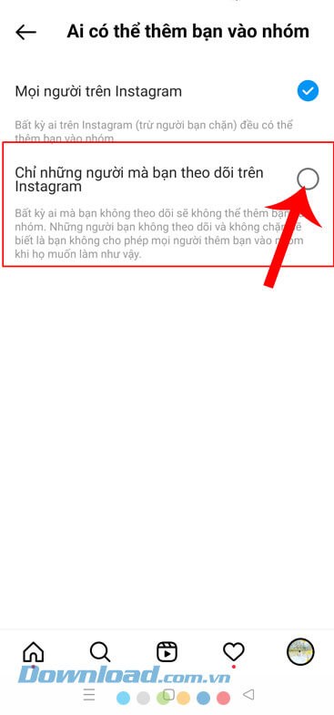 Chọn vào mục Chỉ những người mà bạn theo dõi trên Instagram