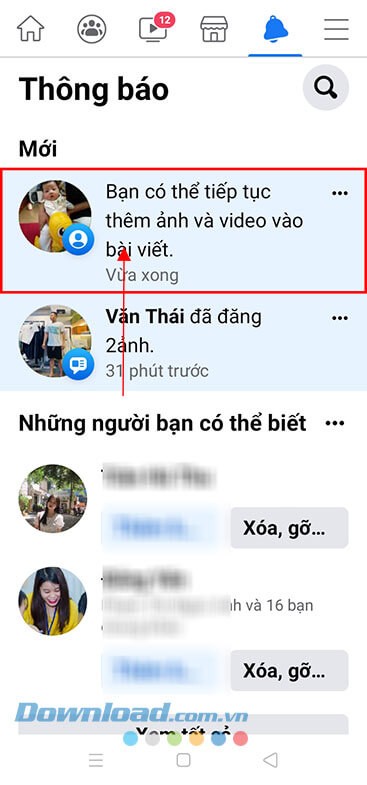 Nhấn vào thông báo