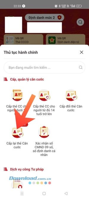 Chạm vào mục Cấp lại thẻ căn cước