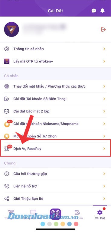 Nhấn vào mục Dịch vụ FacePay