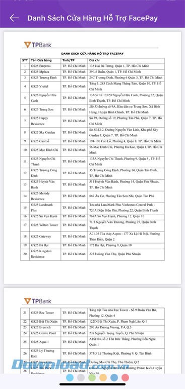 Danh sách cửa hàng hỗ trợ FacePay trên TPBank