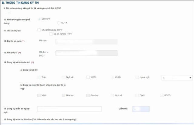 Đánh dấu tick vào môn học đăng ký dự thi