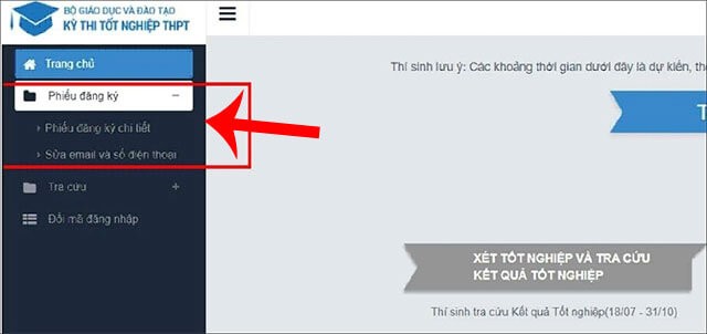 Mục Phiếu đăng ký lưu lại phiếu đã đăng ký dự thi