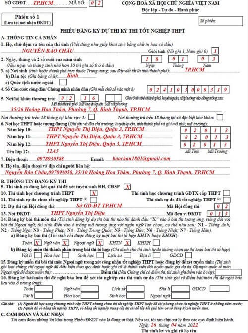 Phiếu đăng ký dự thi tốt nghiệp THPT Quốc gia