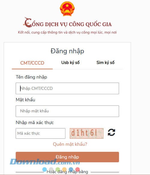 Đăng nhập tài khoản Cổng dịch vụ công Quốc gia