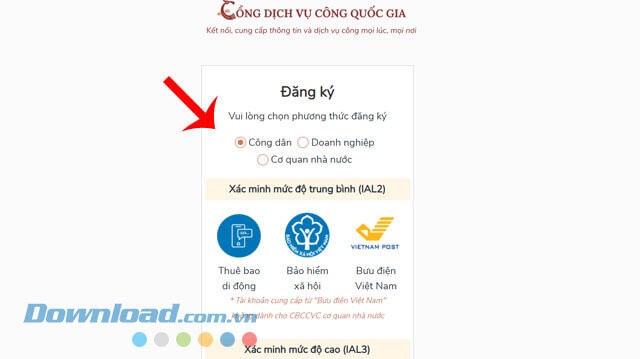 Chọn phương thức đăng ký là Công dân