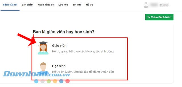 Chọn tài khoản Giáo viên hoặc Học sinh