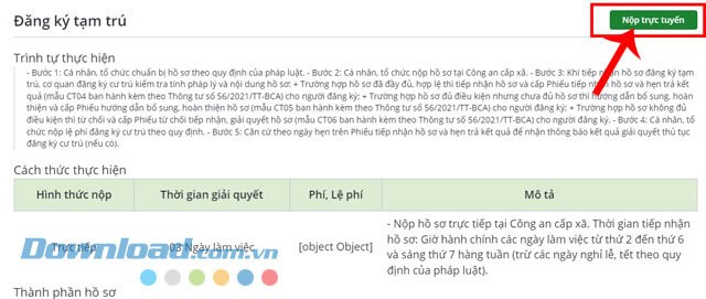 Click chuột vào nút Nộp trực tuyến