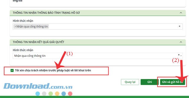 Nhấp chuột vào nút Ghi và gửi hồ sơ