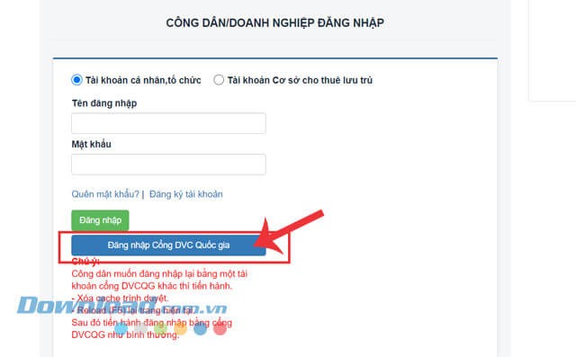 Nhấn vào nút Đăng nhập Cổng DVC Quốc gia
