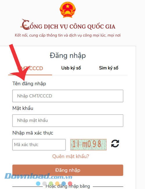 Đăng nhập tài khoản Cổng Dịch vụ công Quốc gia