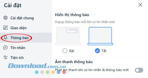 Tắt bật thông báo có tin nhắn mới