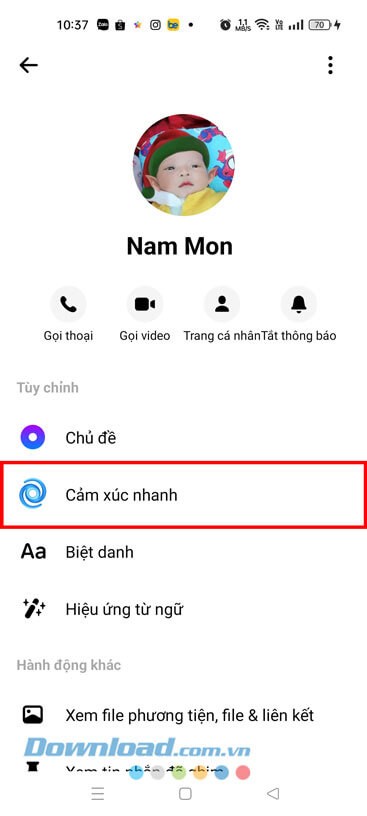 Chạm vào mục Cảm xúc nhanh
