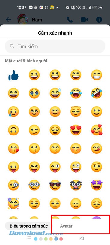 Nhấn vào nút Avatar.