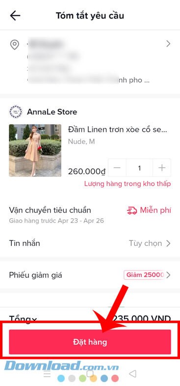 Nhấn vào nút Đặt hàng