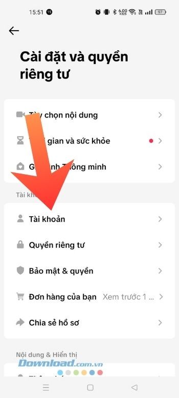 Ấn vào mục Tài khoản