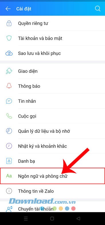 Chạm vào mục Ngôn ngữ và phông chữ