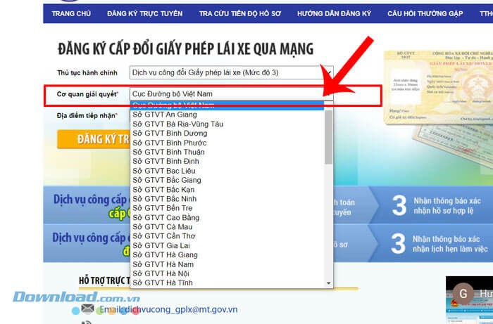 Chọn Sở GTVT tại nơi bạn đăng ký giấy phép lái xe