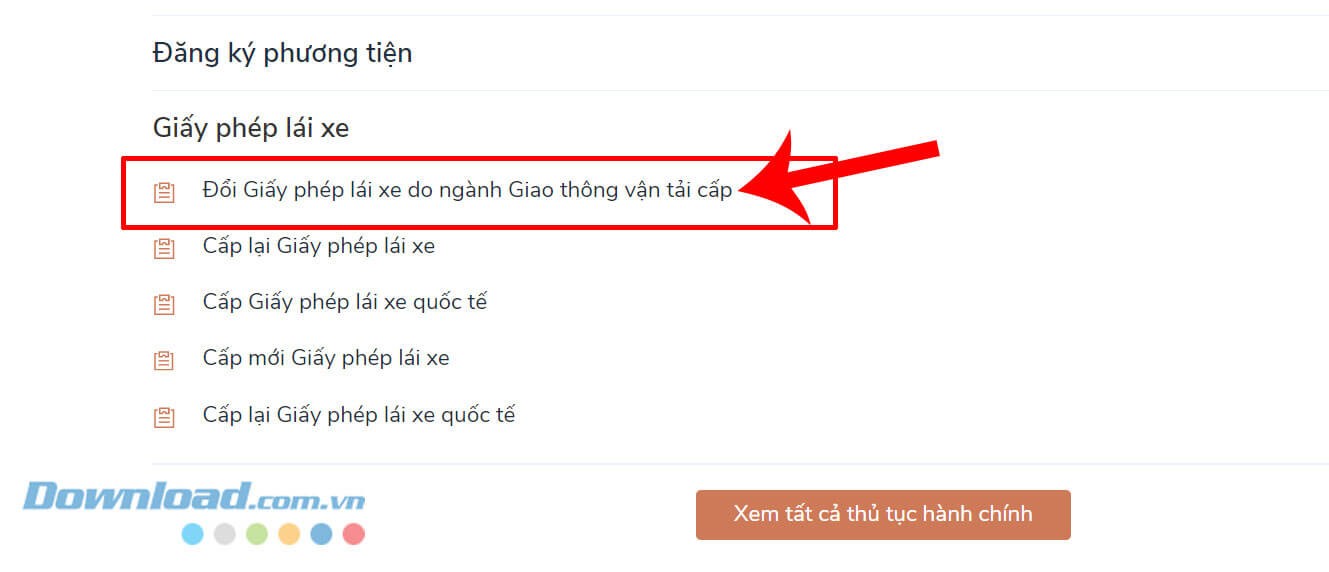 Click chuột vào nút Đổi Giấy phép lái xe do ngành Giao thông vận tải cấp