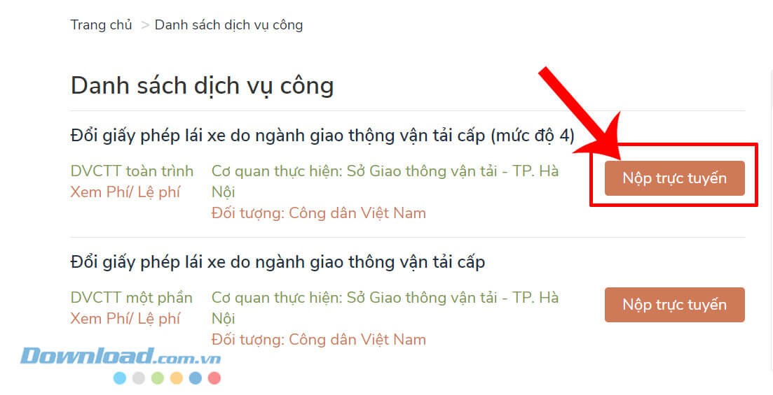 Click chuột vào nút Nộp trực tuyến
