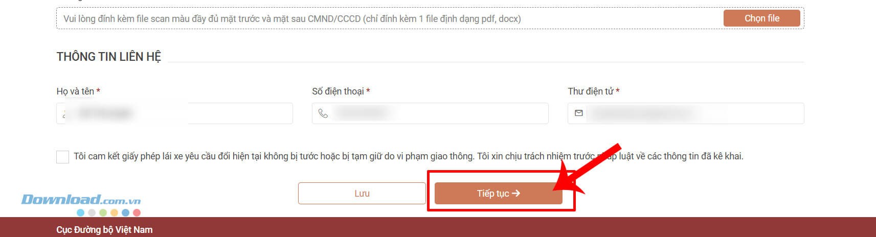 Nhấp chuột vào nút Tiếp tục